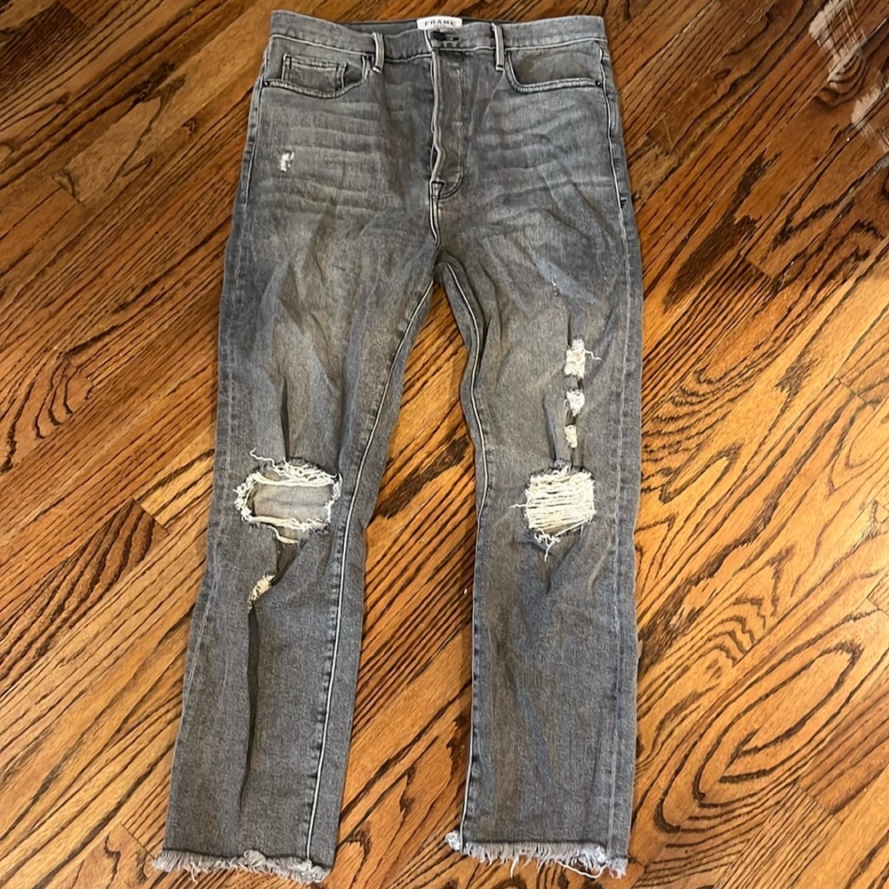 frame le crop  grey wash straight leg jeans with rips and raw hem size 29 - Picture 2 of 9